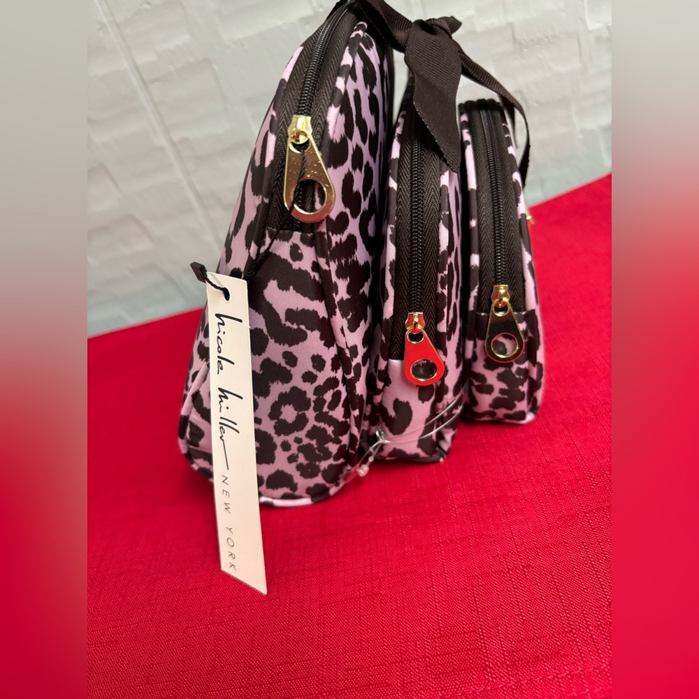 Nicole Miller Pink/Brown Leopard Print 3piece Cosmetic Bag Set - Picture 3 of 5